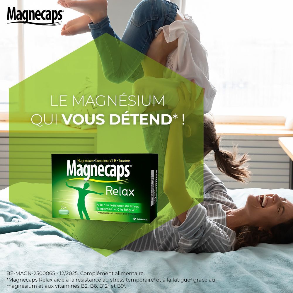 Boîte de MAGNECAPS® Relax. Emballage noir avec logo et texte verts. Contient 56 gélules. Femme et enfant en arrière-plan.