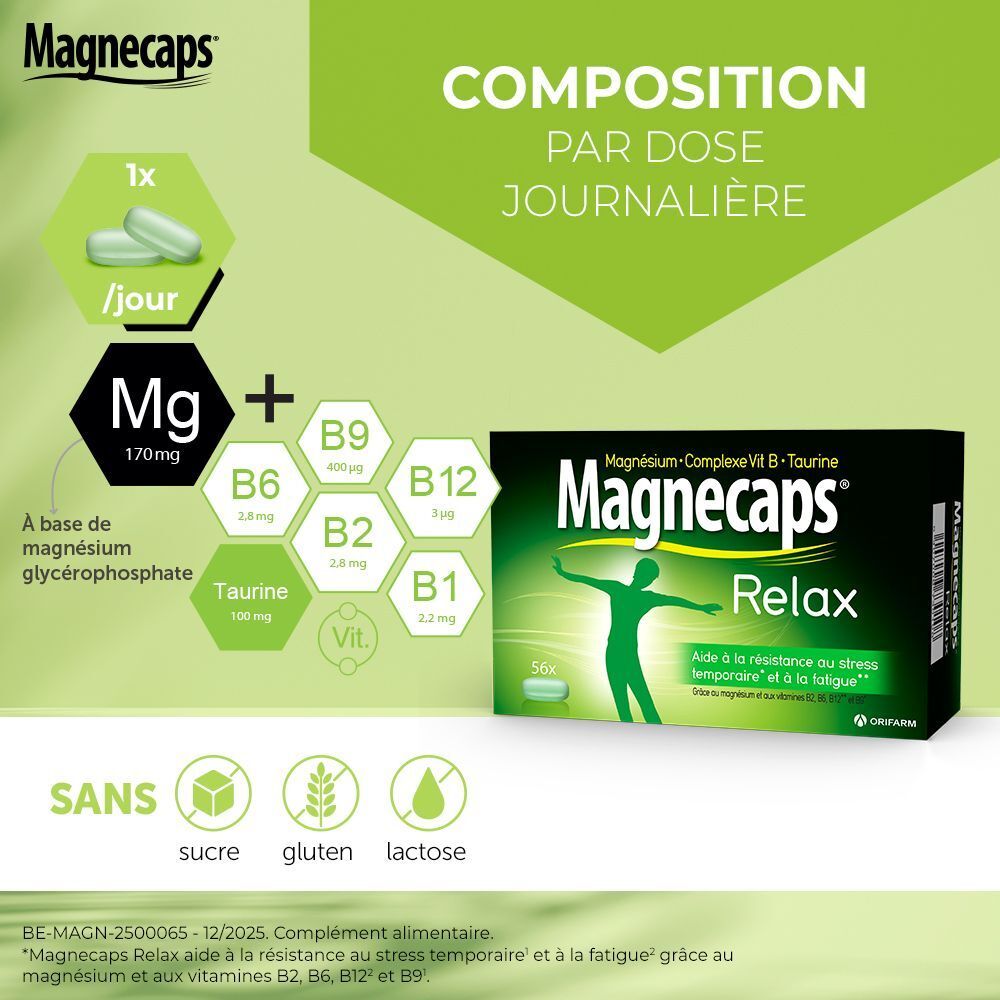 Composition par dose journalière. Boîte de MAGNECAPS® Relax. Emballage noir avec logo et texte verts. Contient 56 gélules.