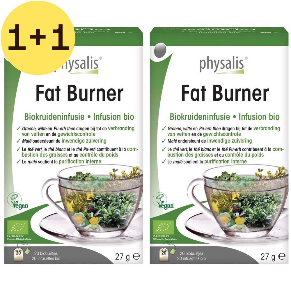 Twee verpakkingen Physalis Fat Burner Infusion Bio. Witte verpakking met groene accenten. Tekst: Fat Burner, Biokruideninfusie, Infusion bio.
