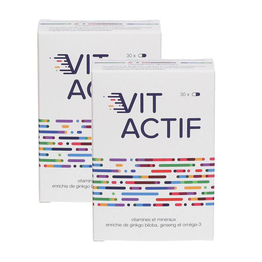 Deux boîtes blanches avec "VIT ACTIF". Chaque boîte affiche "30 x" et une capsule. Texte : vitamines et minéraux, enrichi de ginkgo biloba.