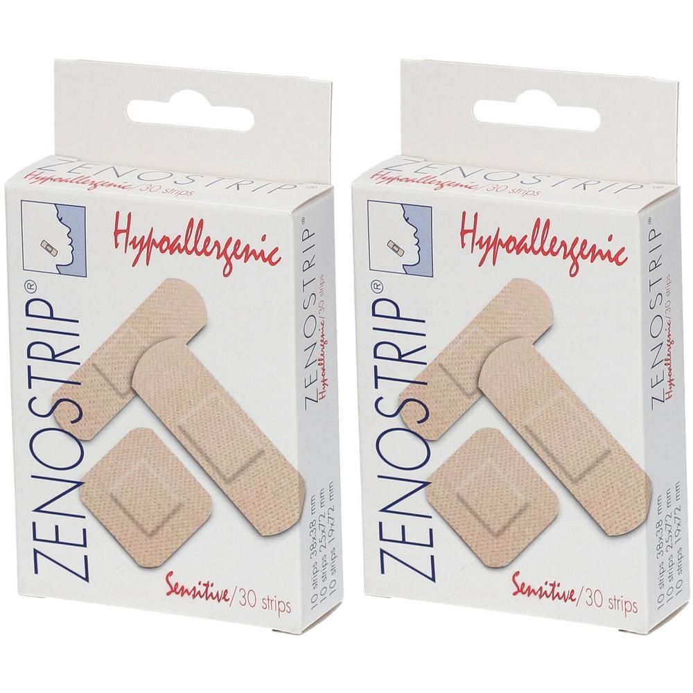 Twee dozen pleisters. Opschrift: ZENOSTRIP, Hypoallergeen, Sensitive. Pleisters in verschillende vormen afgebeeld.