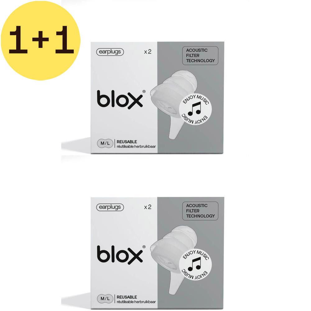 Deux boîtes de bouchons d'oreille Blox. Emballage blanc avec image du produit et texte. Inscriptions : "earplugs", "blox", "M/L", "REUSABLE".
