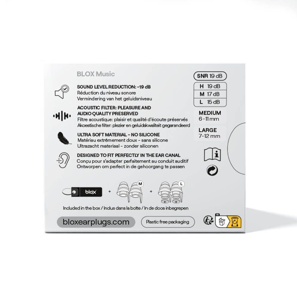 Dos de l'emballage avec informations sur le produit. Texte en plusieurs langues. Contient des informations sur la réduction du bruit et le matériau.
