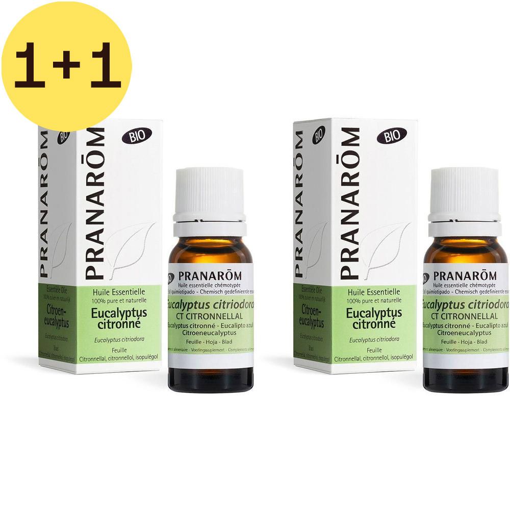 Deux flacons et boîtes de Pranarôm Eucalyptus Citronné Bio. Flacons avec bouchon blanc, verre brun et étiquette verte.