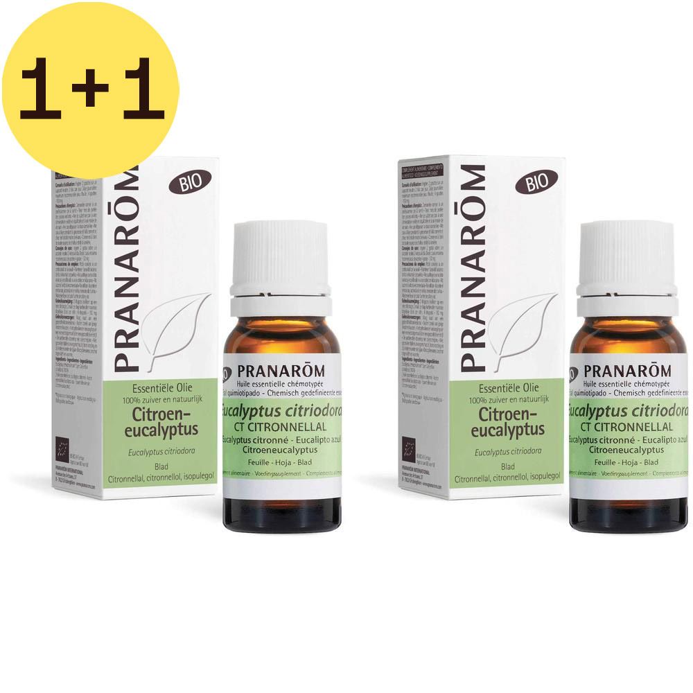 Twee flessen en verpakkingen van Pranarôm Eucalyptus Citronné Bio. Flessen met witte dop, bruin glas en groene etikettering.