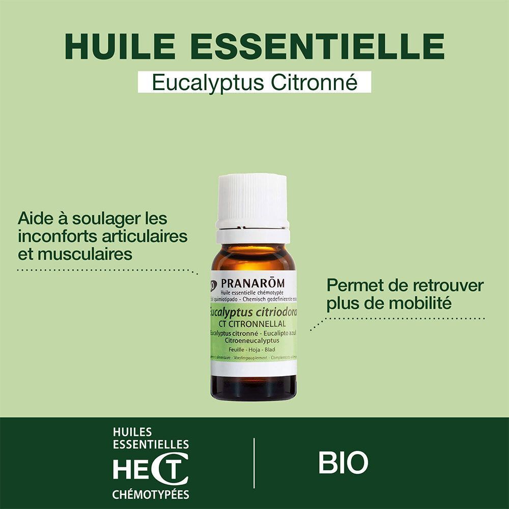 Un flacon de Pranarôm Eucalyptus Citronné Bio. Verre brun, bouchon blanc, étiquette verte. Texte: Huile Essentielle, Eucalyptus Citronné.