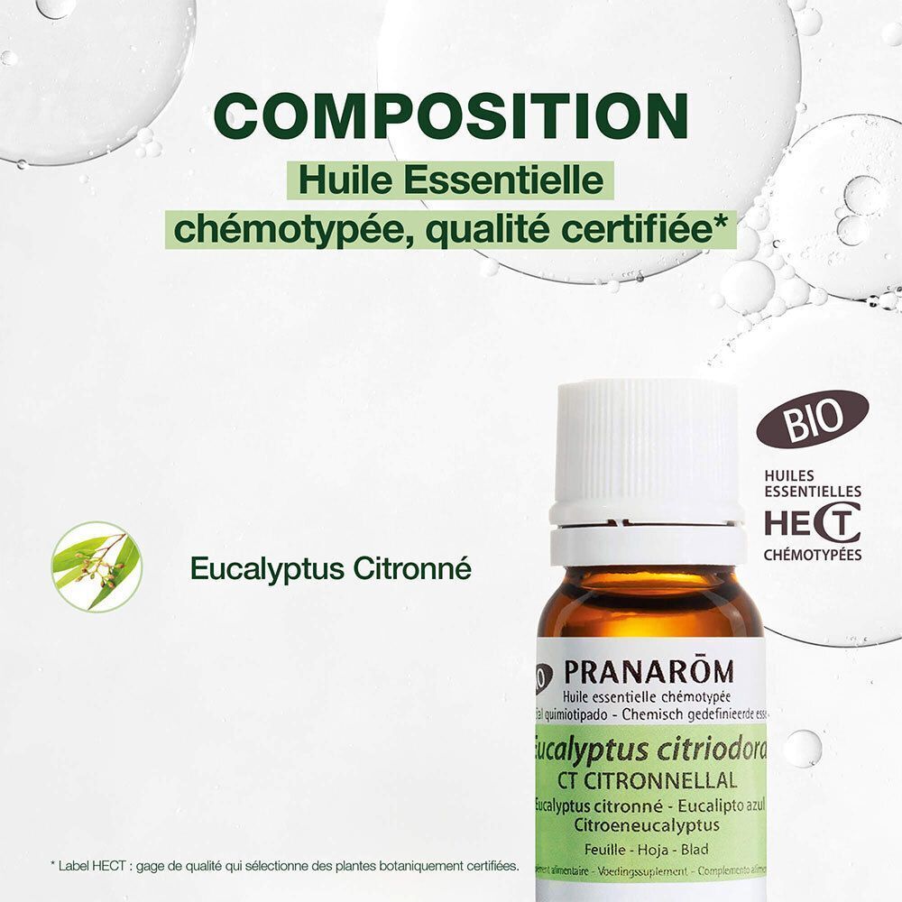 Flacon Pranarôm Eucalyptus Citronné Bio. Verre brun, bouchon blanc, étiquette verte. Texte: Huile Essentielle chémotypée, qualité certifiée.