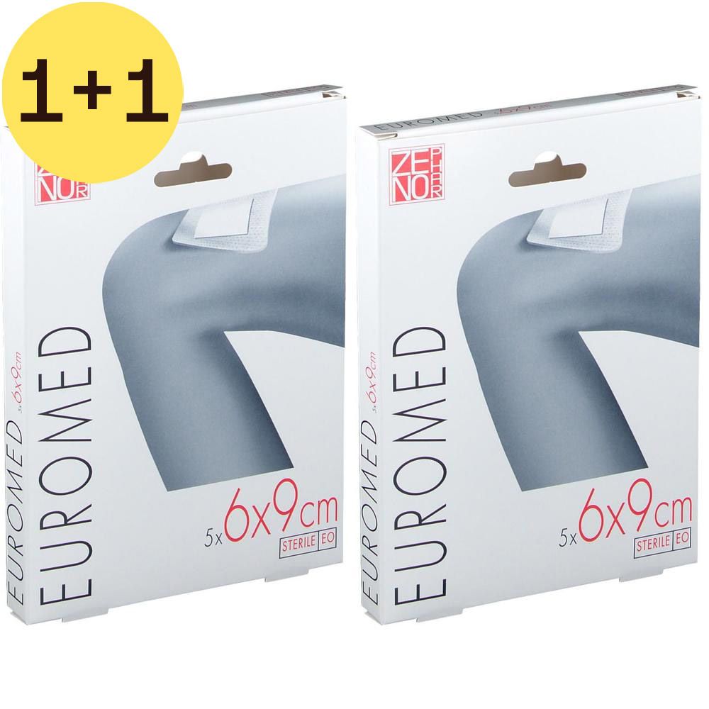 Twee dozen EUROMED pleisters. Opschrift: 5x6x9cm. Steriel. Logo ZEE NOR.