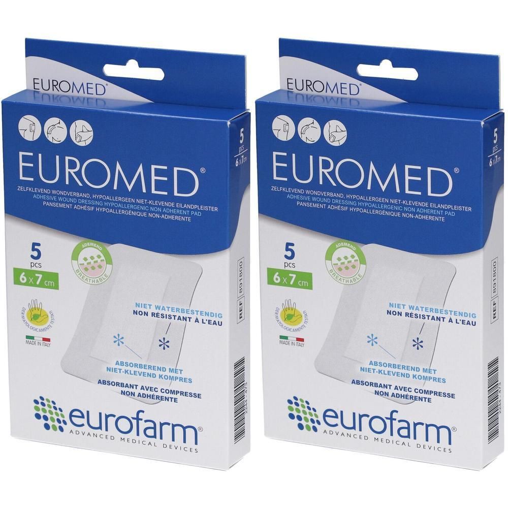 Twee dozen pleisters. Opschrift EUROMED, 5 stuks, 6x7 cm. Op de verpakking staat eurofarm ADVANCED MEDICAL DEVICES. Niet waterbestendig.