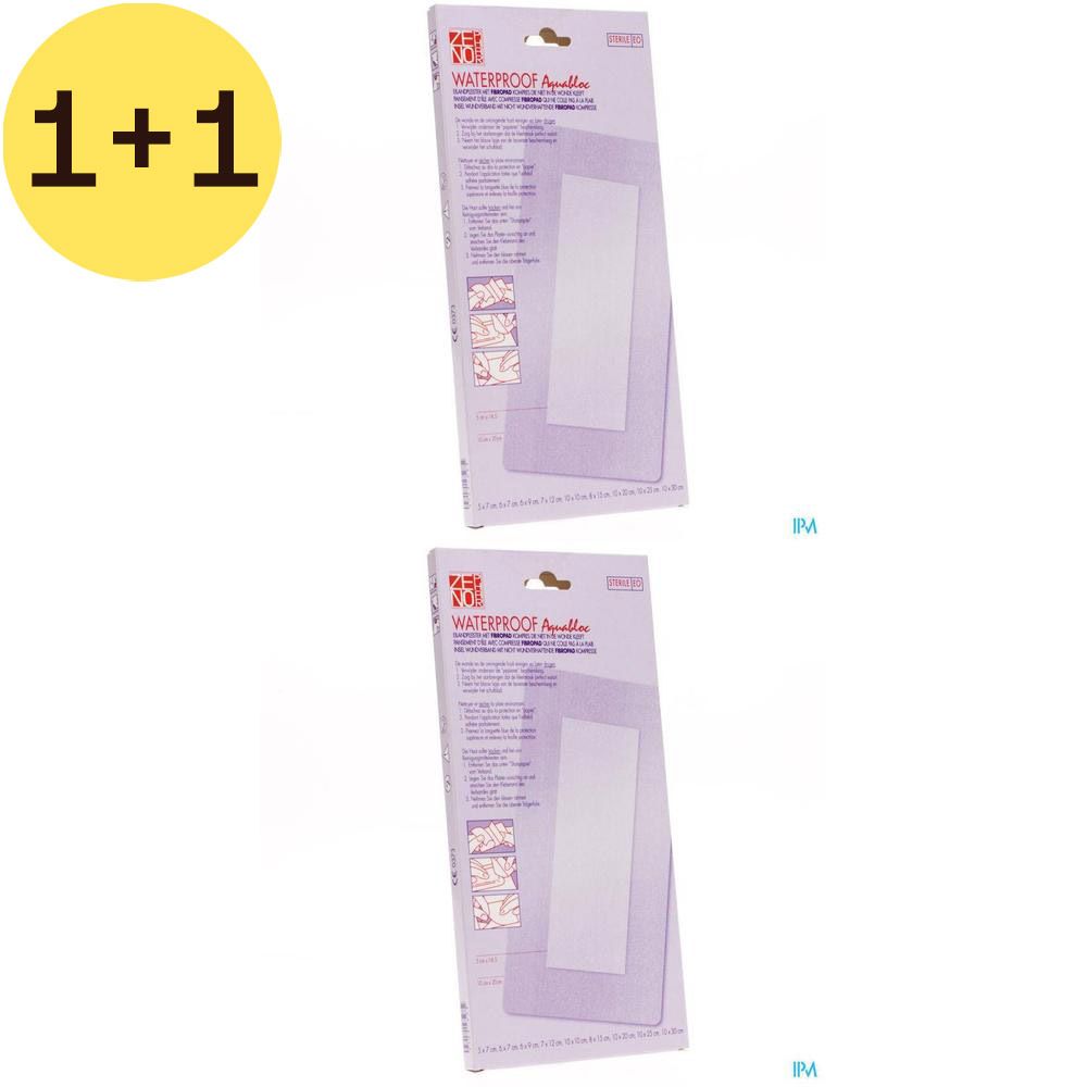 Twee verpakkingen met rechthoekige, waterdichte verbanden. Opschrift: WATERPROOF Aqualines. Verpakking in wit en lila.