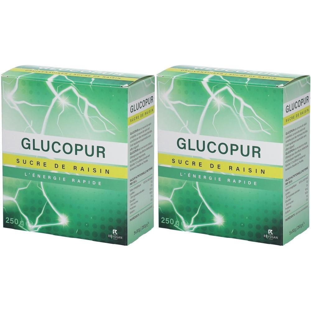 Deux boîtes de GLUCOPUR, sucre de raisin, énergie rapide. Design vert et blanc avec motif d'éclairs. 250g.