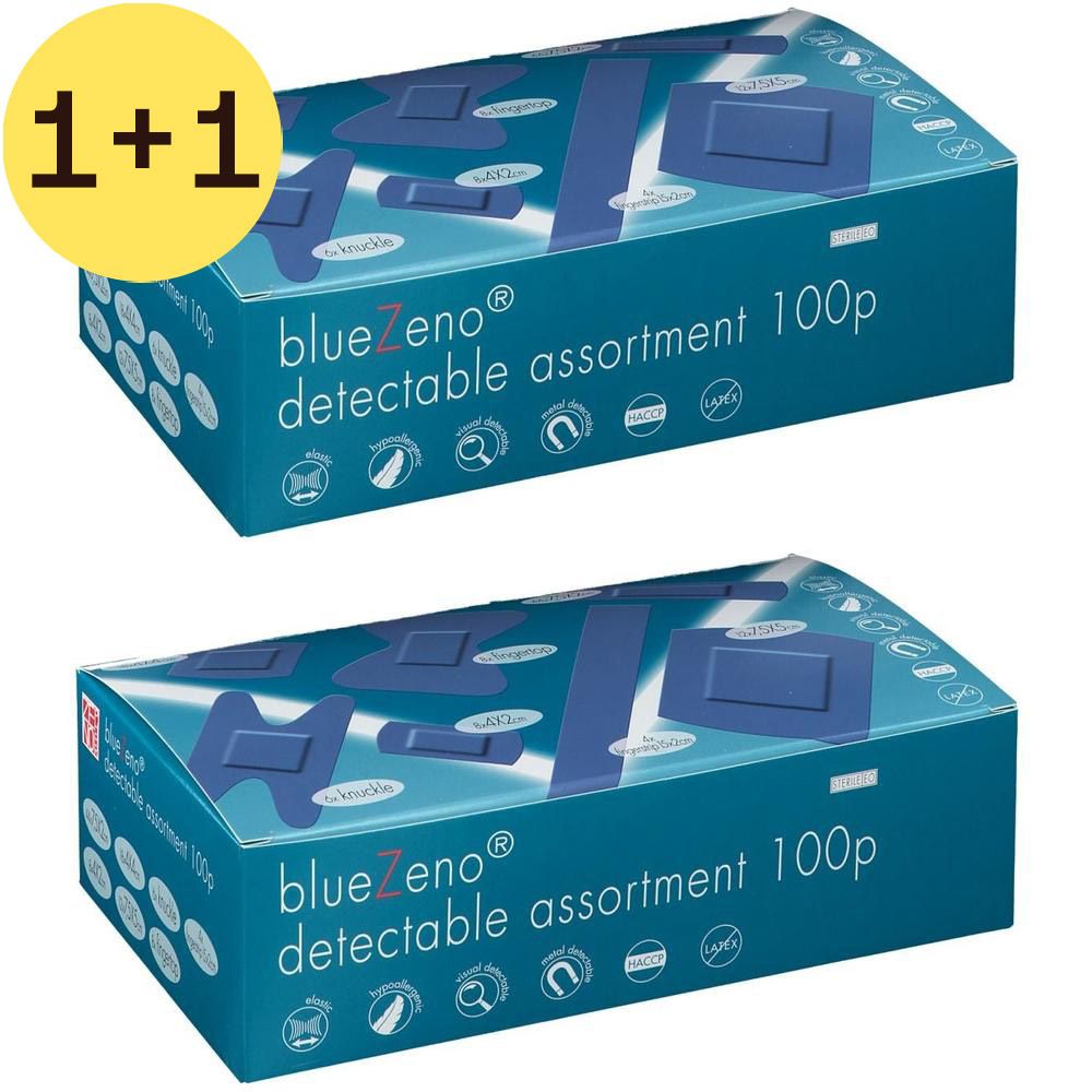 Deux boîtes bleues avec l'inscription "blueZeno detectable assortment 100p". Illustrations de produits et logos imprimés.