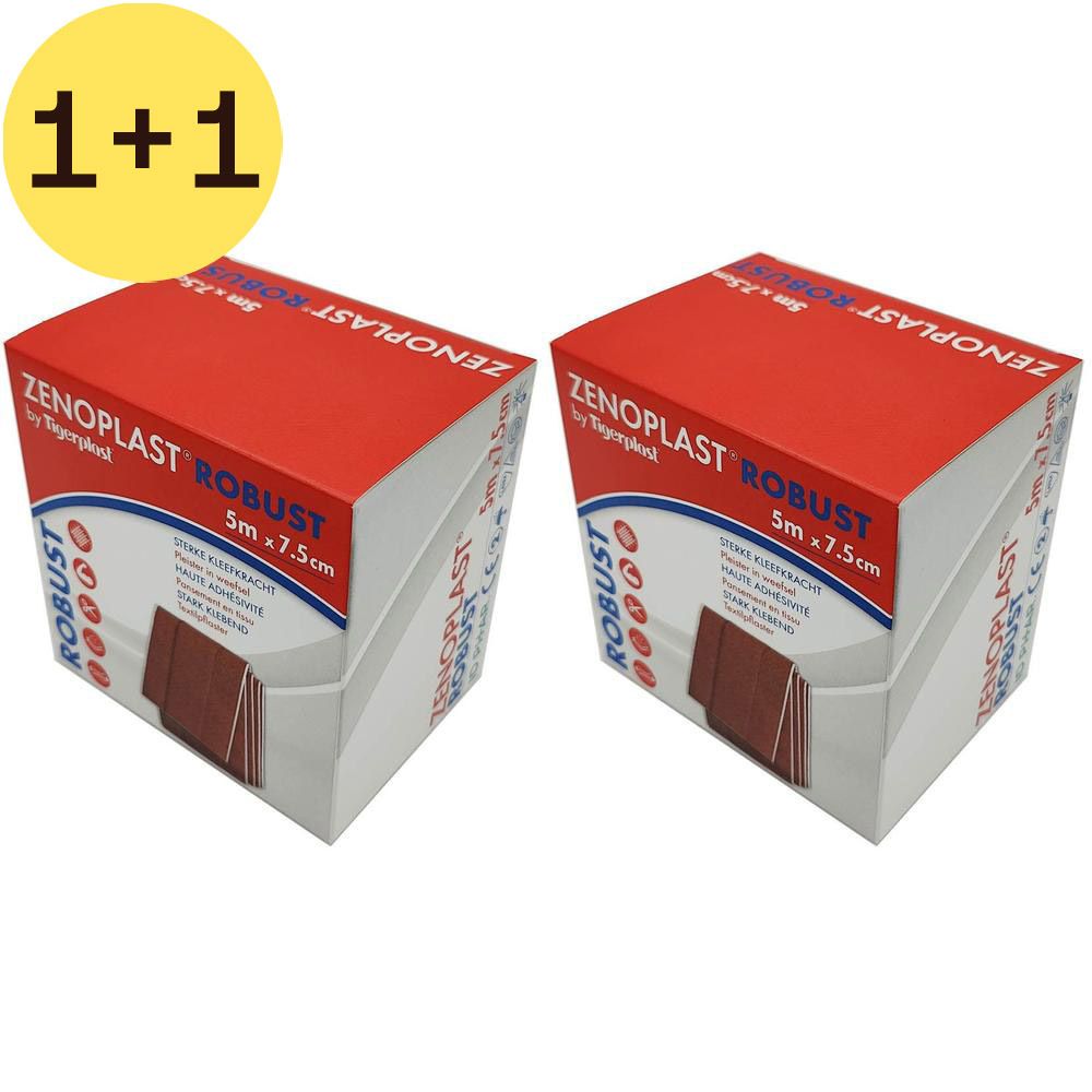 Deux boîtes de Zenoplast Robust, 5m x 7,5cm. Dessus rouge, dessous blanc. Nom du produit et dimensions clairement visibles.