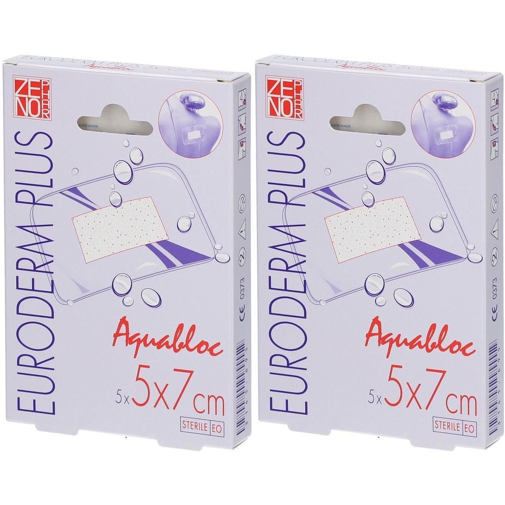 Twee verpakkingen Euroderm Plus pleisters. Opschrift: Aquabloc, 5x7 cm. Steriel.