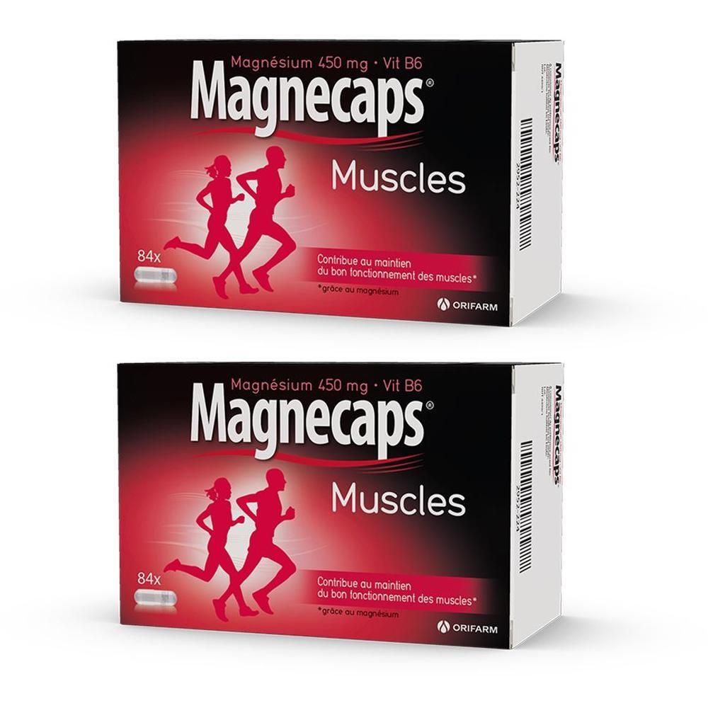 Deux boîtes de MAGNECAPS® Muscles. Inscription : Magnésium 450 mg + Vit B6. 84 gélules. Illustration de coureurs.