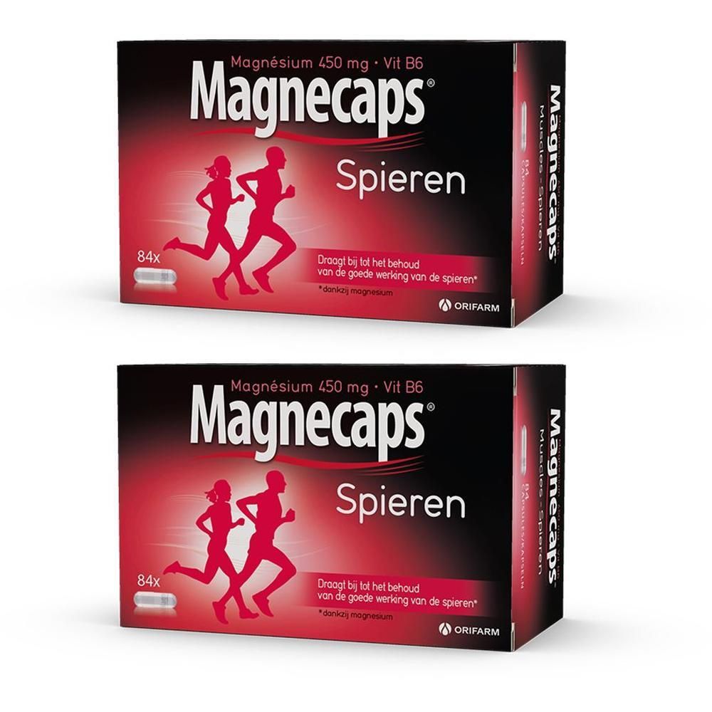 Twee dozen MAGNECAPS® Spieren. Opschrift: Magnesium 450 mg + Vit B6. 84 capsules. Illustratie van hardlopers.