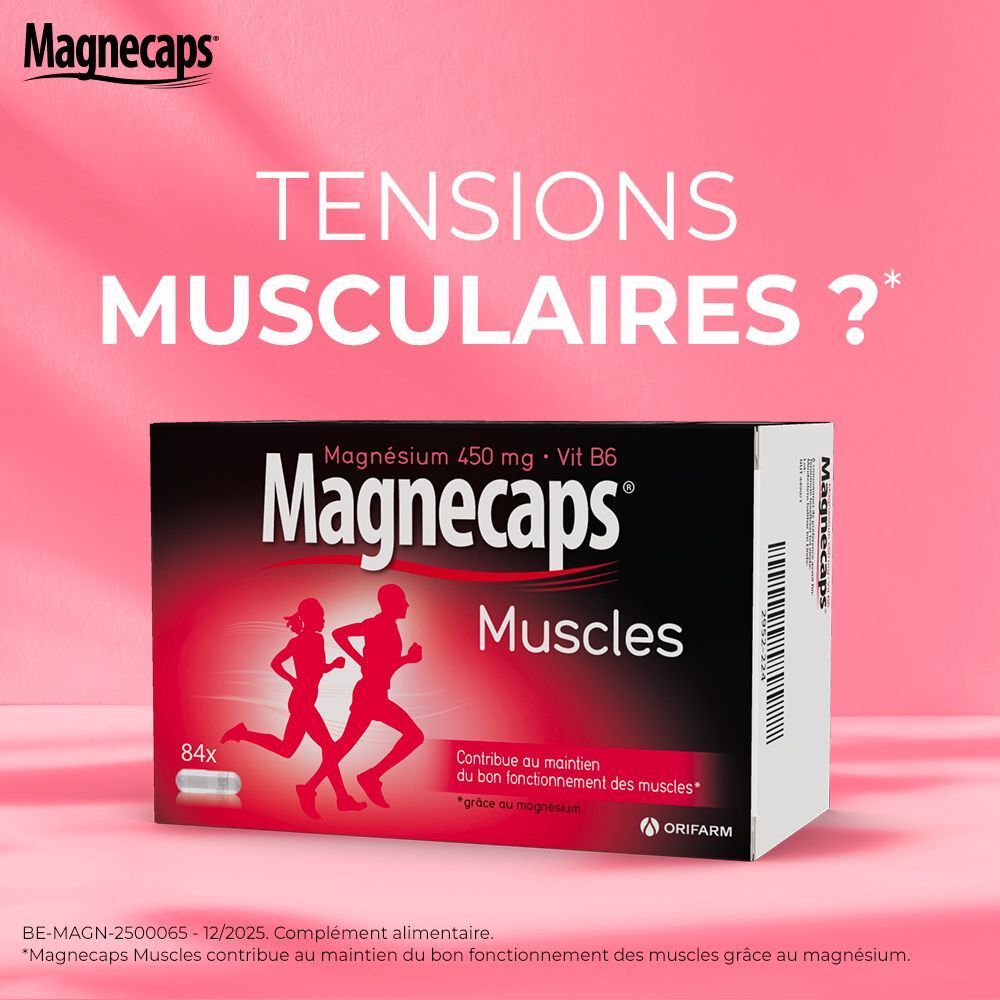 Boîte de MAGNECAPS® Muscles. Inscription : Magnésium 450 mg + Vit B6. 84 gélules. Texte : Tensions musculaires ?
