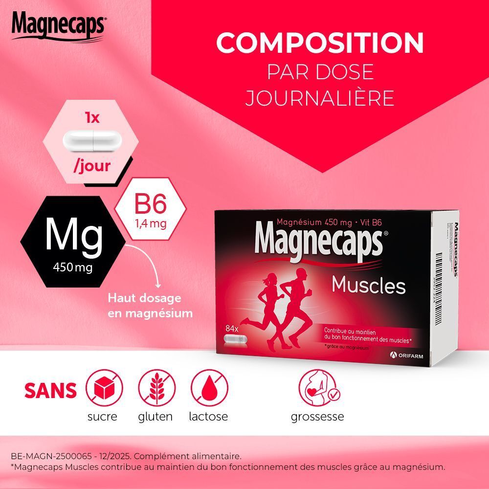 Graphique avec gélule, Mg et B6. Boîte MAGNECAPS® Muscles. Texte : Composition par dose journalière. Sans sucre, gluten, lactose, grossesse.