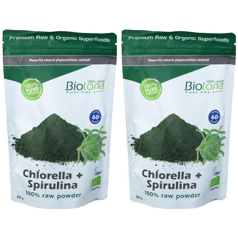 Twee Biotona Bio Chlorella + Spirulina 100% rauw poeder zakjes, 250g. Premium Raw & Organic Superfoods.