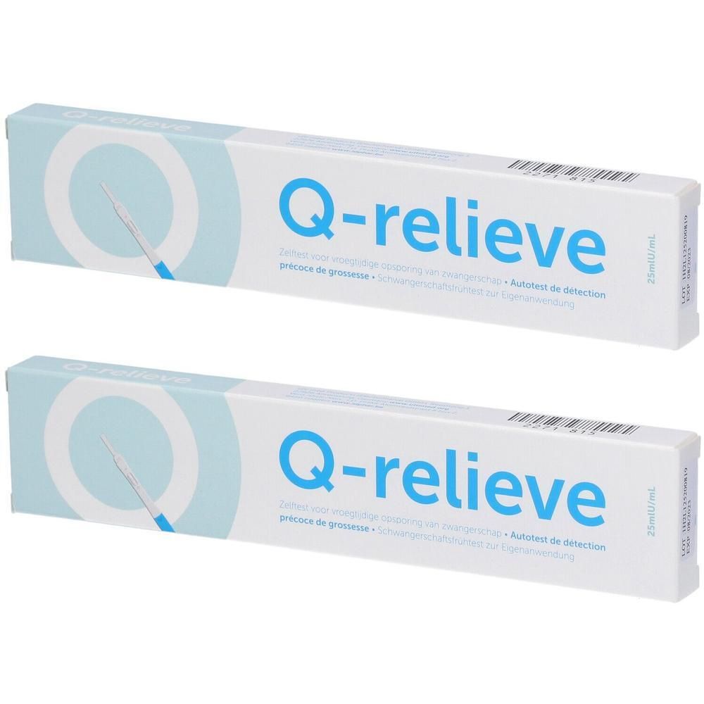 Deux boîtes blanches avec le texte bleu "Q-relieve". Texte en plusieurs langues. Sur le côté, il est écrit "25ml/ml".