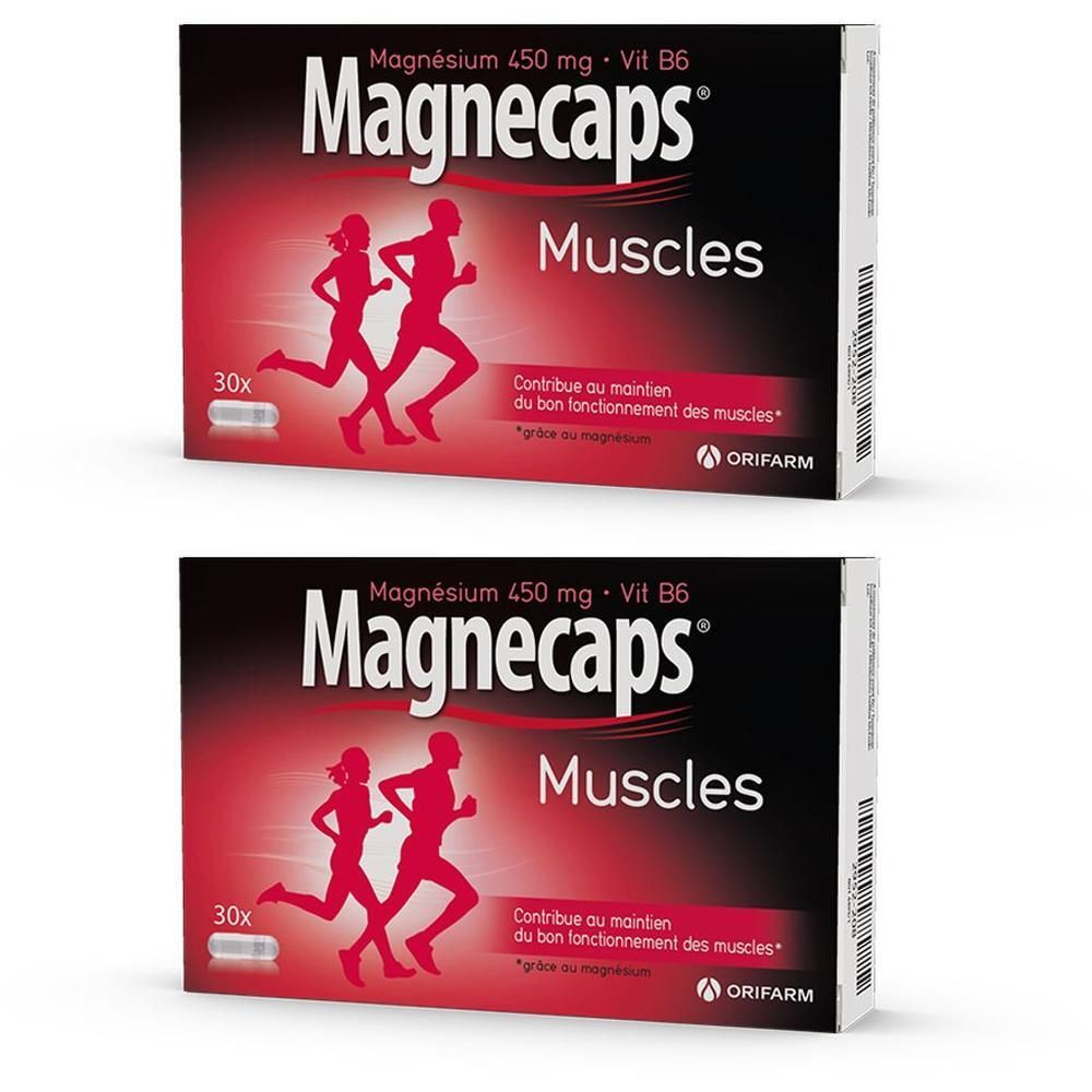 Boîte de MAGNECAPS® Muscles, 30 gélules. Emballage rouge et noir avec illustration de coureurs et informations produit.