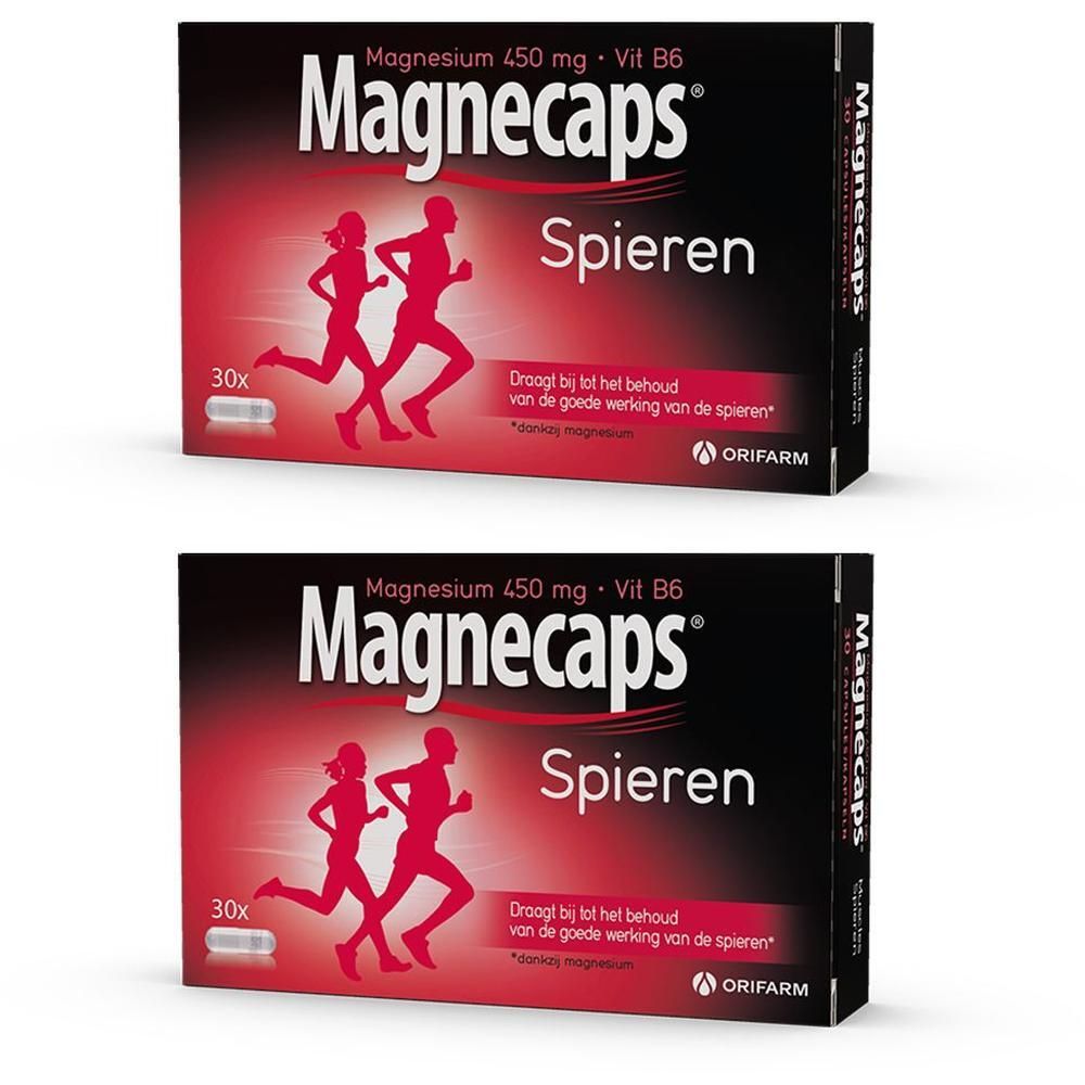 Verpakking MAGNECAPS® Spieren, 30 capsules. Rode en zwarte verpakking met hardlopers en productinformatie.