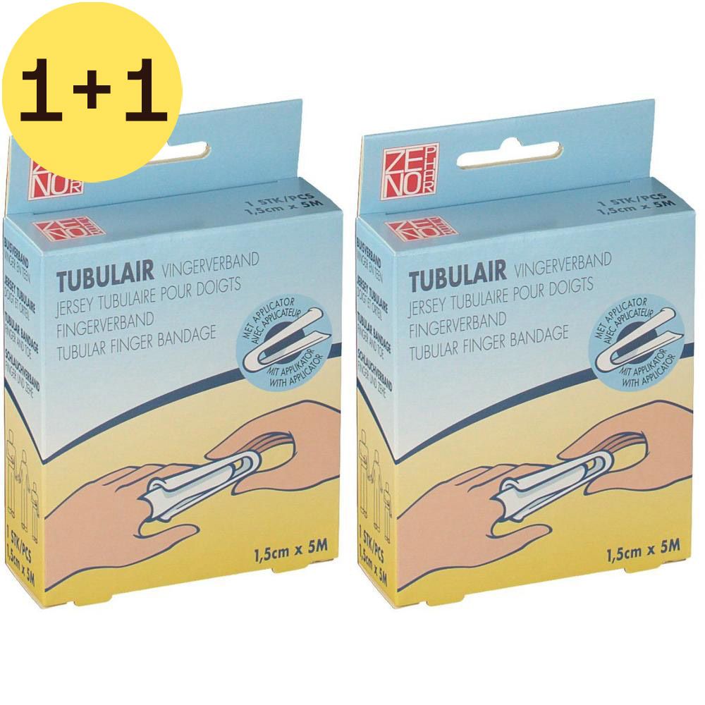 Twee dozen Tubulair vingerverband. Opschrift: 1,5 cm x 5 m. Met applicator. Merk ZENO.