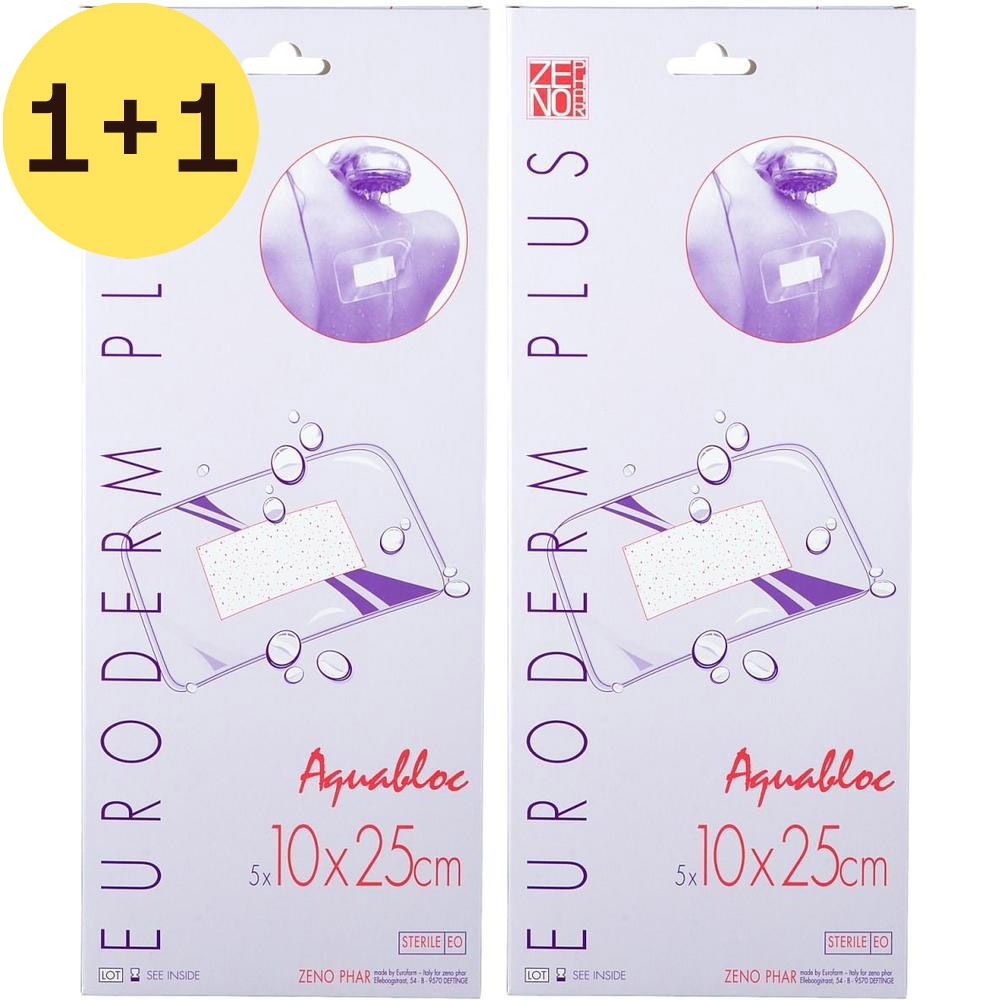 Twee steriele verbanden. Opschrift: EURODERM PLUS, Aquabloc, 10x25cm. Verpakking met afbeelding van een toepassing.