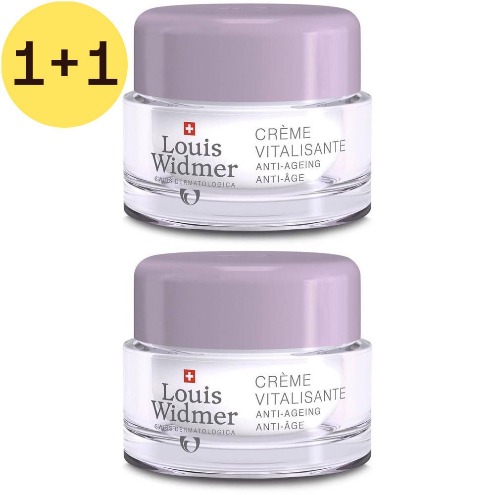 Deux pots de crème avec couvercles violets. Inscription: Louis Widmer Crème Vitalisante, Anti-Âge. Cercle jaune avec "1+1".