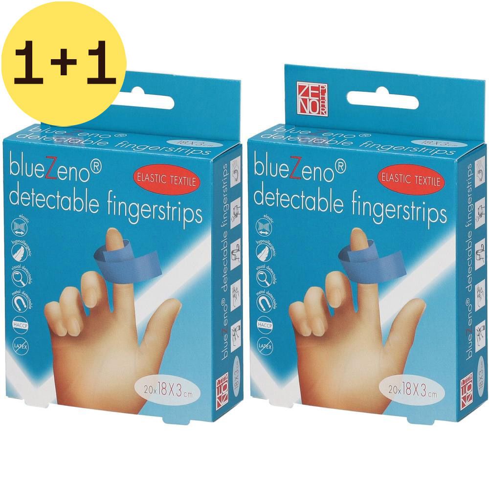 Twee dozen Bluezeno Fingerstrips. Blauwe verpakking met productafbeelding en tekst. Afmetingen: 18x3 cm.