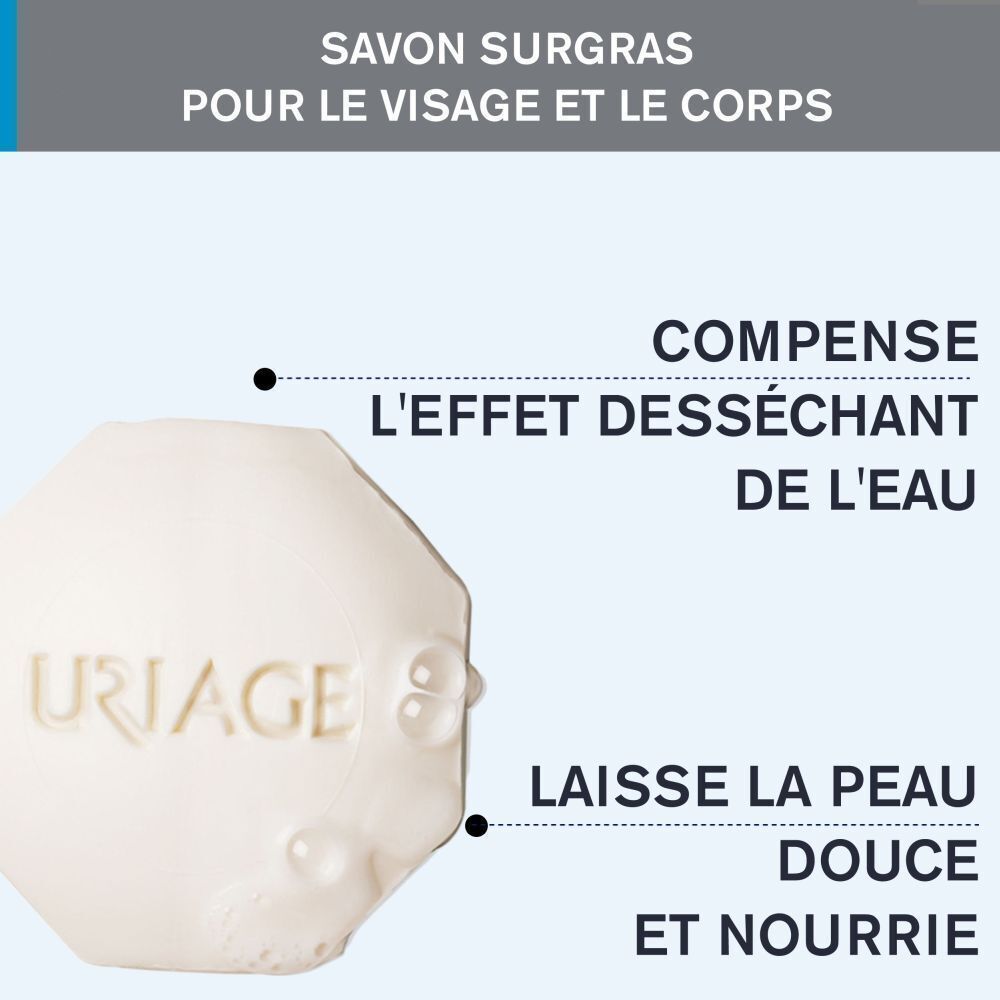 Pain de savon octogonal avec texte: Savon Surgras pour le visage et le corps. Texte: Compense l'effet desséchant de l'eau.