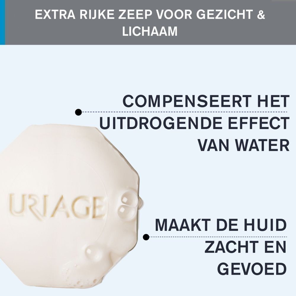 Achthoekige zeepblok met tekst: Extra rijke zeep voor gezicht & lichaam. Tekst: Compenseert het uitdrogende effect van water.