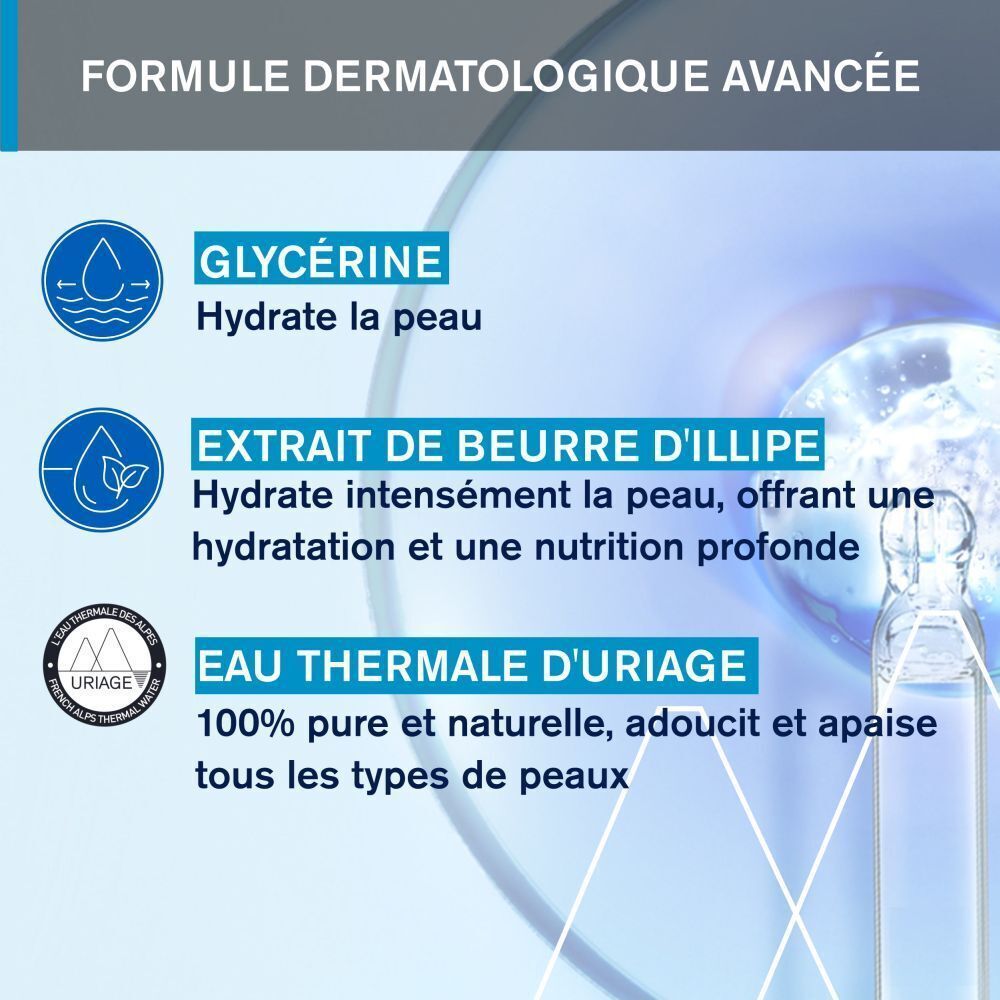 Graphique avec ingrédients: Glycérine, Extrait de beurre d'Illipé, Eau Thermale d'Uriage. Texte: Formule dermatologique avancée.