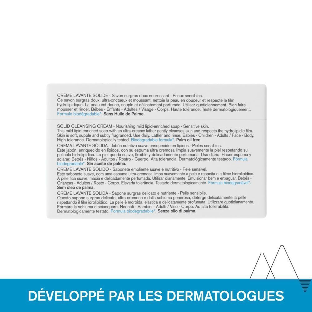 Texte: Crème lavante solide, Solid cleansing cream, Crema lavante solida. Texte: Développé par les dermatologues.