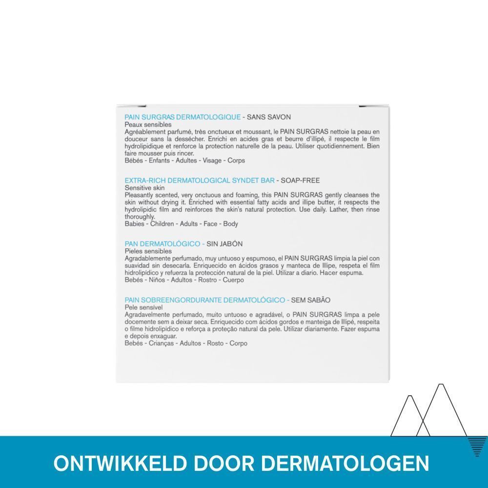 Tekst: Crème lavante solide, Solid cleansing cream, Crema lavante solida. Tekst: Ontwikkeld door dermatologen.