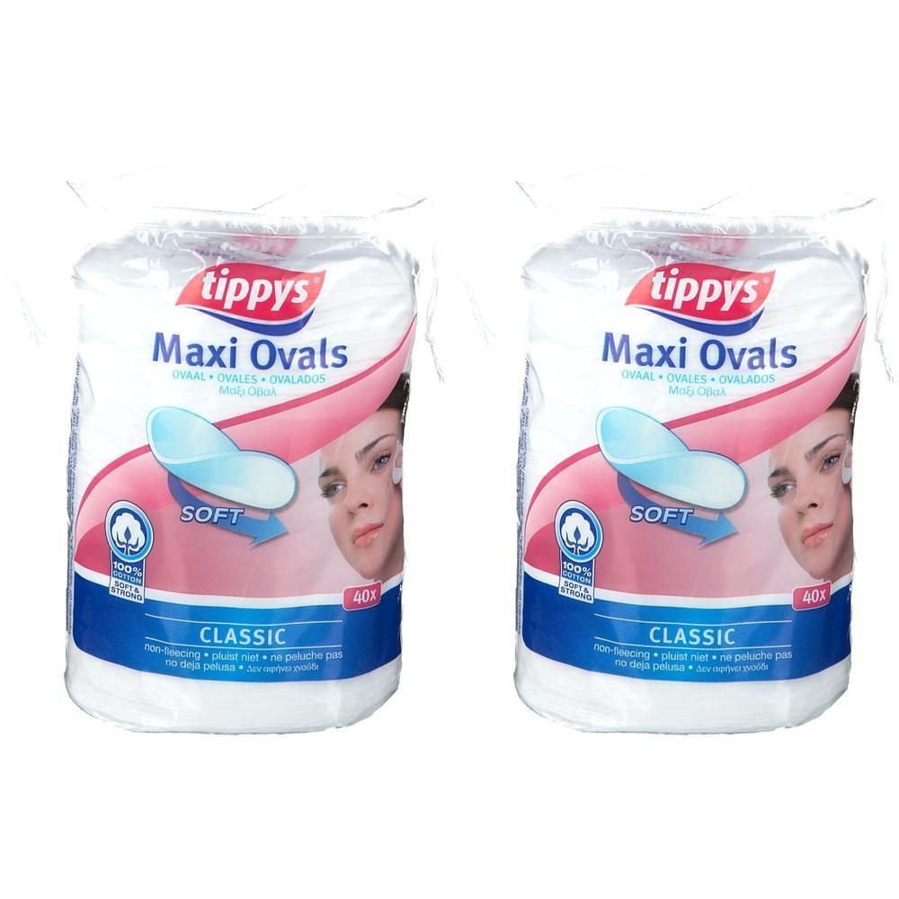 Twee pakken tippys Maxi Ovale wattenschijfjes, Classic, 40 stuks per pak.