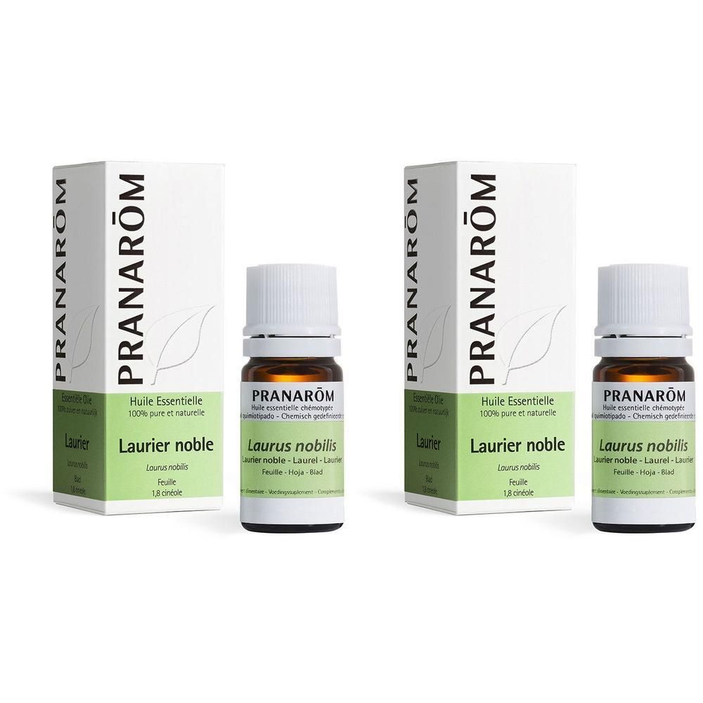 Deux flacons et boîtes. Sur les boîtes, Pranarôm. Sur les flacons, Laurier noble.
