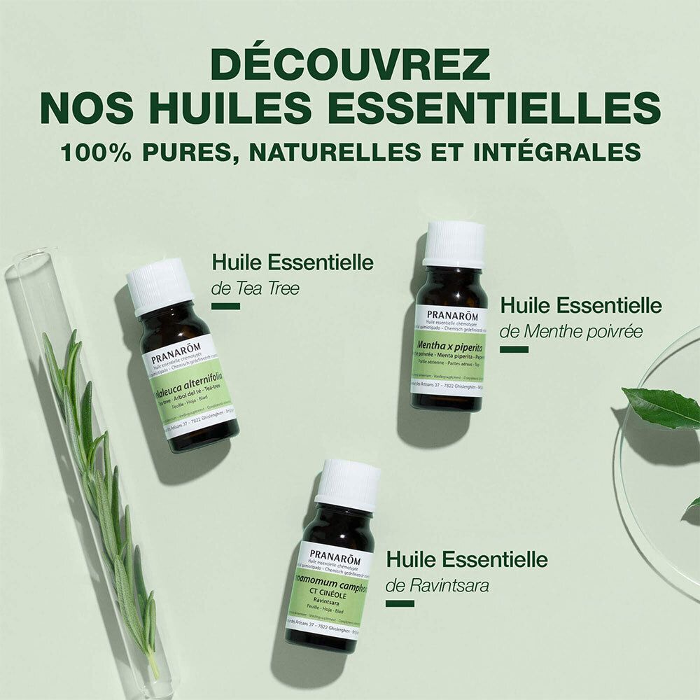 Trois flacons d'huiles essentielles. Sur les étiquettes, Pranarôm. Différentes huiles : Tea Tree, Menthe poivrée, Ravintsara.