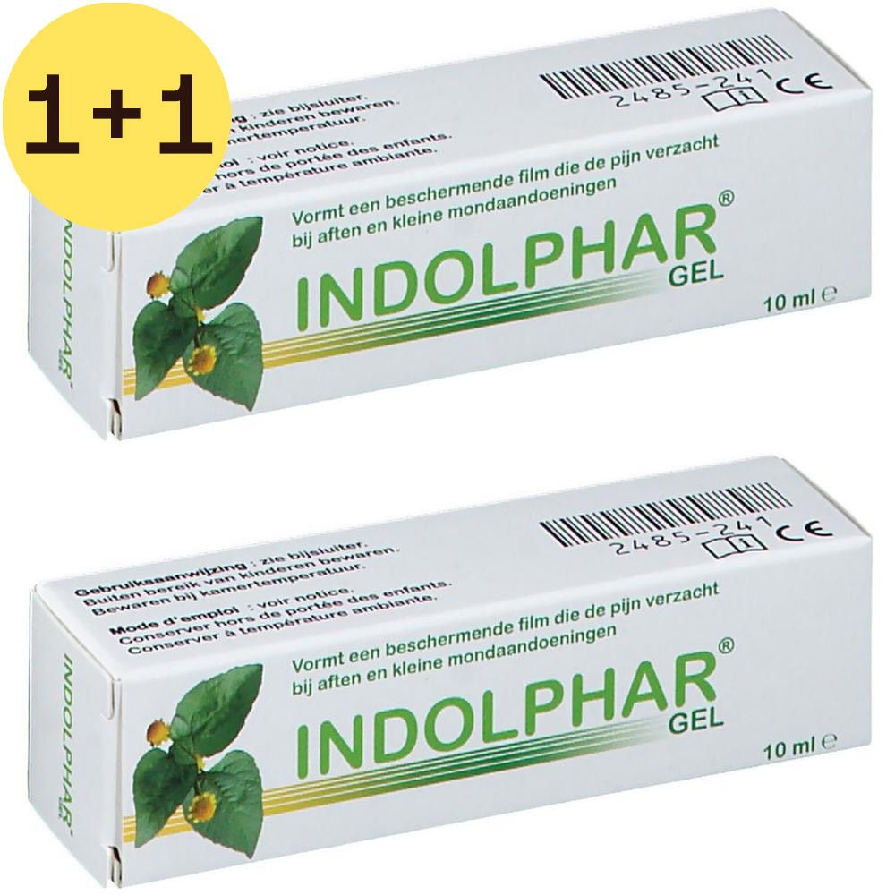 Twee witte dozen met de opdruk INDOLPHAR GEL. Op elke doos staat 10 ml en een CE-markering.