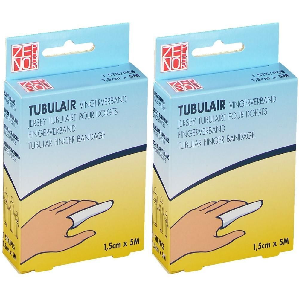 Twee dozen Tubulair vingerverband. Opschrift: 1,5 cm x 5 m. Merk ZENO. Illustratie van een vinger met verband.