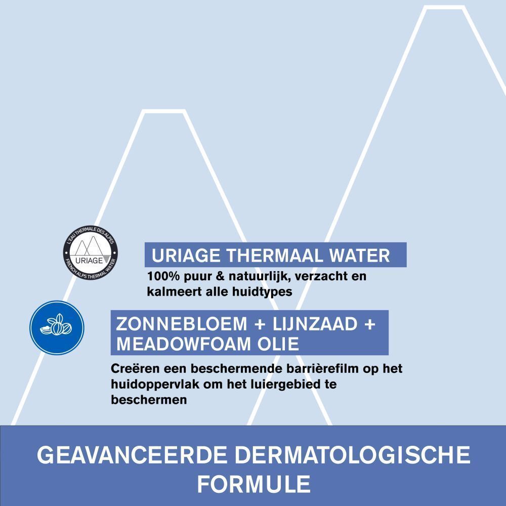 Tekst op blauwe achtergrond. Tekst: Uriage Thermaal Water, Zonnebloem + Lijnzaad + Meadowfoam Olie, Geavanceerde Dermatologische Formule.