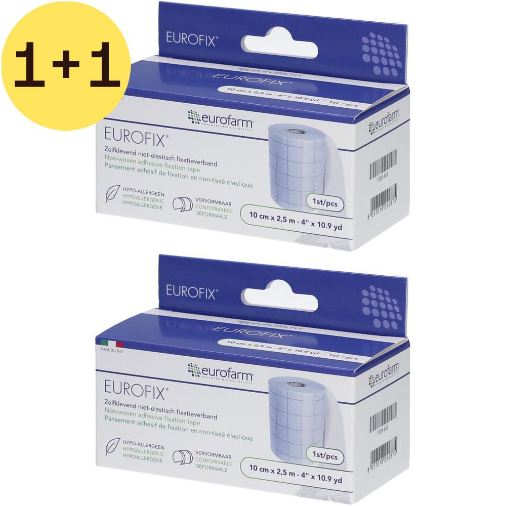 Twee dozen Eurofix fixatietape. Blauwe verpakking met productnaam en logo. Rol tape zichtbaar.