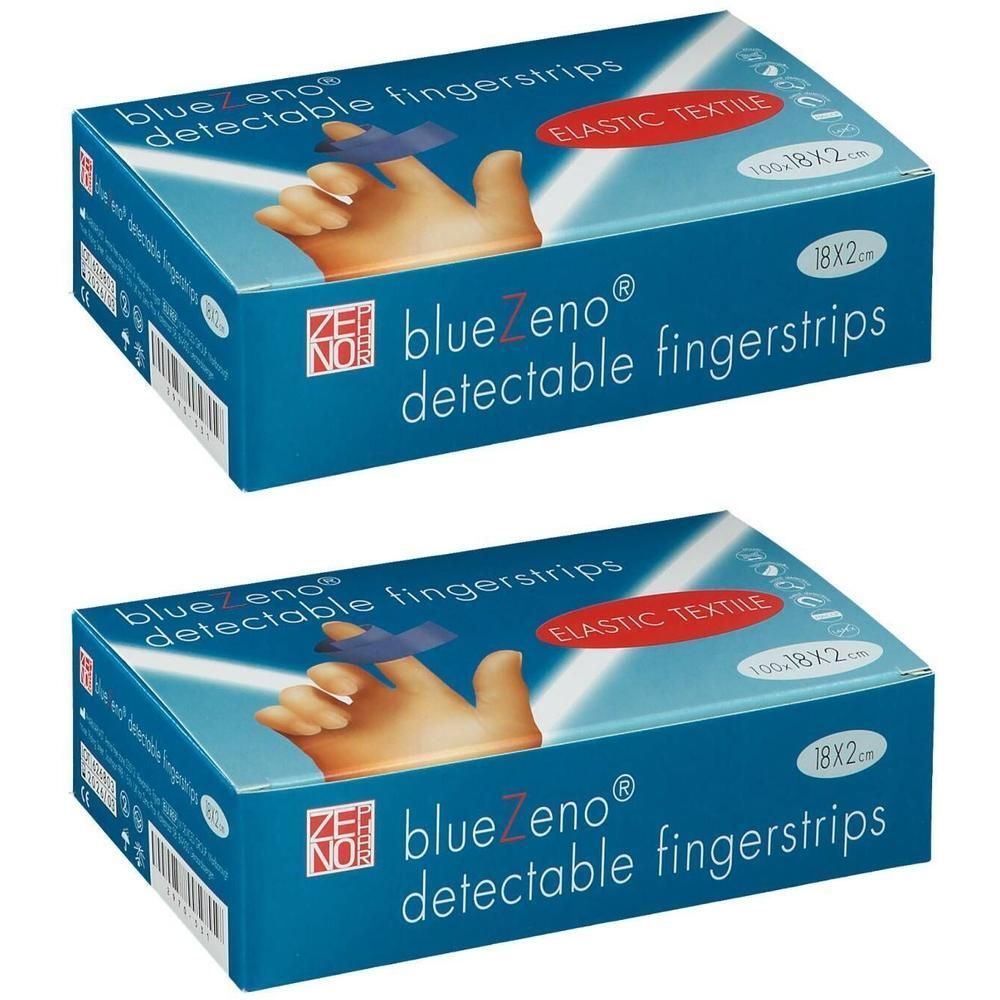 Deux boîtes bleues avec "blueZeno detectable fingerstrips". Inscription : "ELASTIC TEXTILE", 18x2cm.