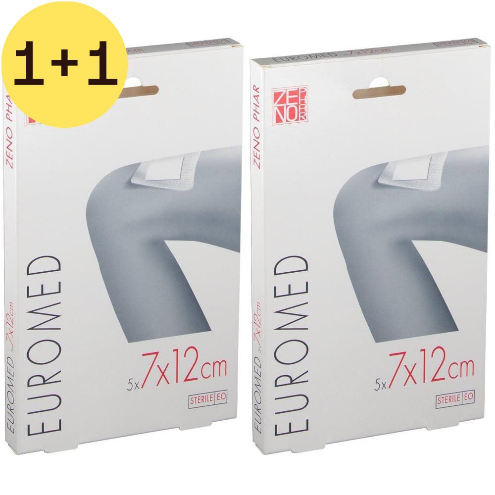Twee verpakkingen Euromed verband. Afmeting 7x12cm, steriel. Merk Zeno Phar.