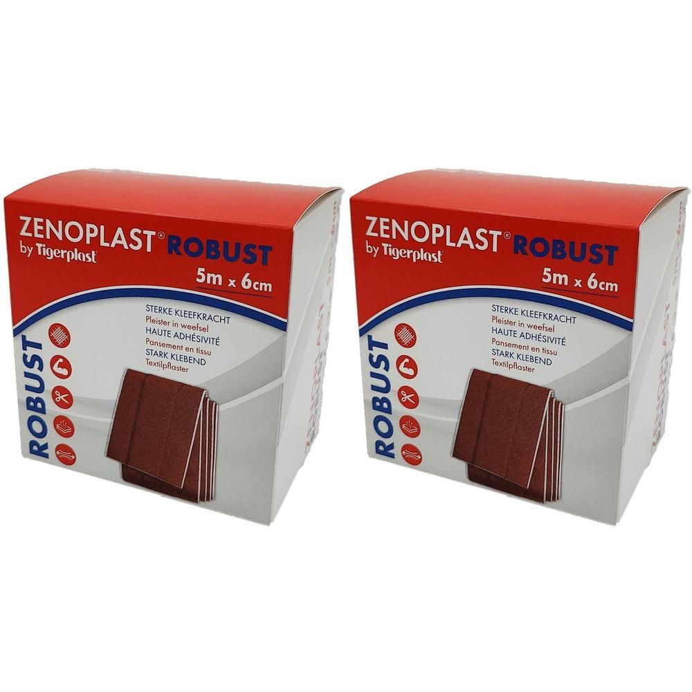 Deux boîtes de Zenoplast Robust, 5m x 6cm. Emballage rouge et blanc avec nom et caractéristiques du produit.
