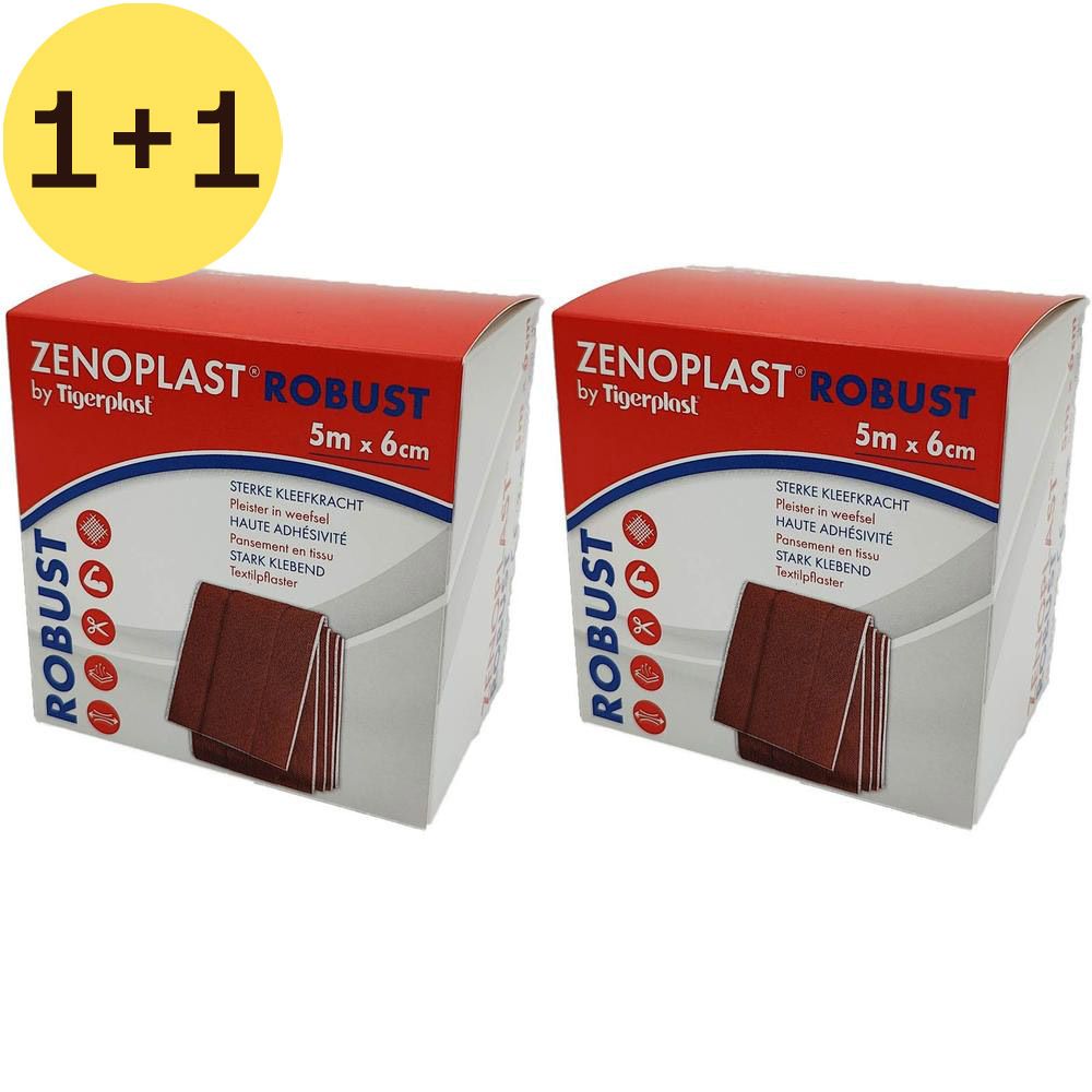 Twee dozen Zenoplast Robust, 5m x 6cm. Rode en witte verpakking met productnaam en kenmerken.