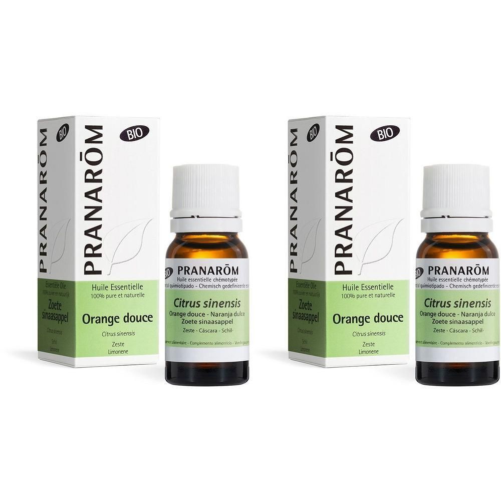 Deux flacons d'huile essentielle avec emballage. Inscription : Pranarôm, Orange douce, Citrus sinensis.