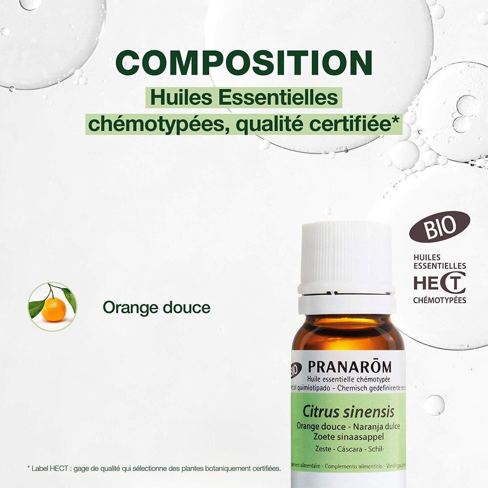Texte sur la composition des huiles essentielles. Orange douce. Certification BIO. Label HECT.