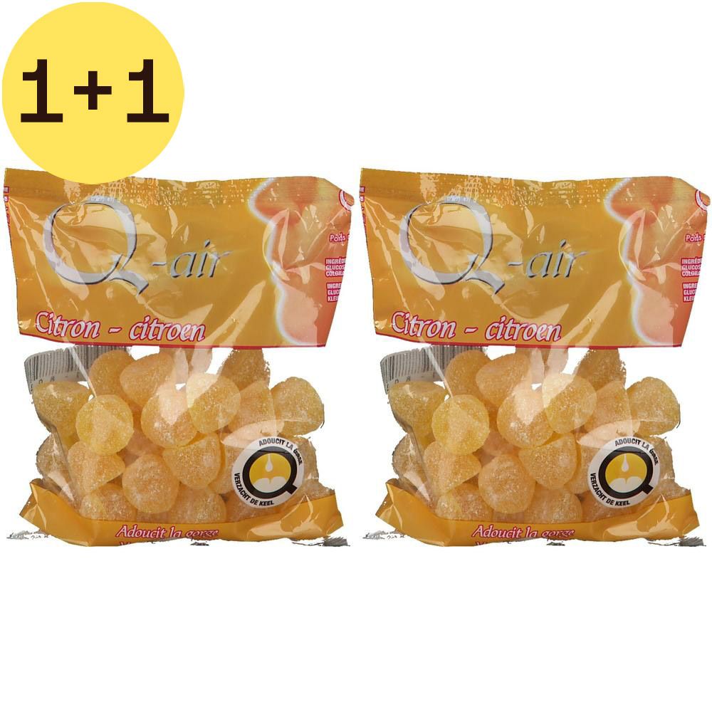 Twee zakjes gele pastilles. Opschrift "Q-air Citron". Transparante verpakking, gele achtergrond.