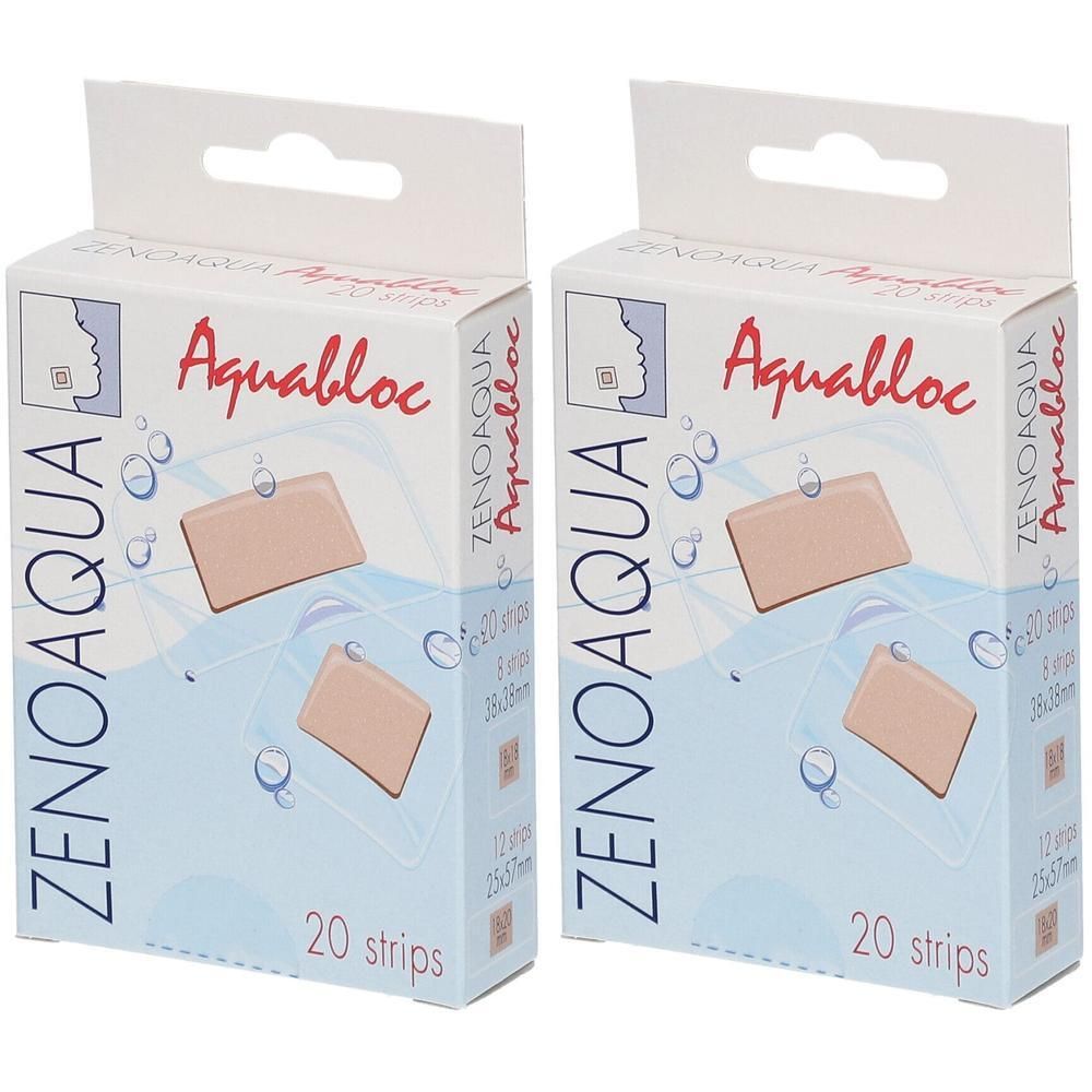 Twee dozen Zenoaqua Aquabloc. Elke doos toont 20 pleisters. De dozen zijn wit met blauwe graphics.